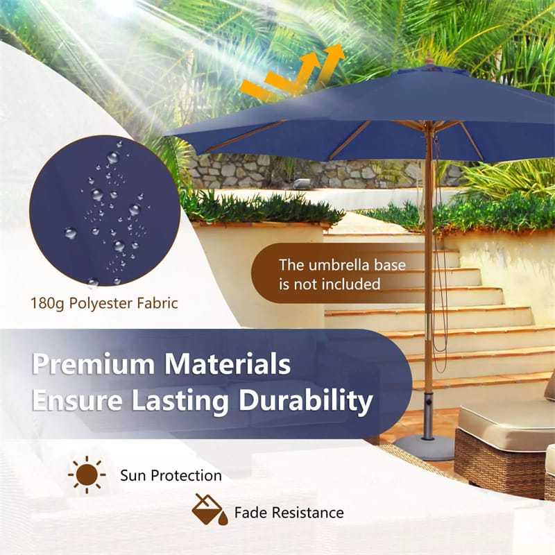 10FT Wooden Patio Umbrella with Rope Pulley Lift, 3 Height Adjustments, 8 Bamboo Ribs, Vented Roof Outdoor Table Umbrella for Poolside, Backyard Navy 10FT Wooden Patio Umbrella with Rope Pulley Lift, 3 Height Adjustments, 8 Bamboo Ribs, Vented Roof Outdoor Table Umbrella for Poolside, Backyard Navy
