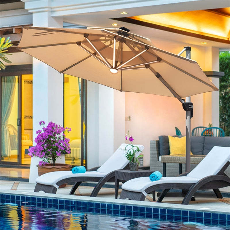 10ft Double Top Solar LED Cantilever Offset Hanging Patio Umbrella without Weight Base