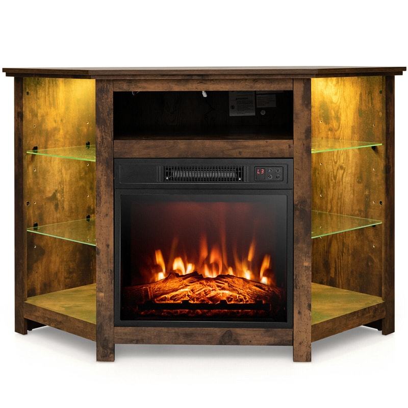 45" Corner Fireplace TV Stand for 50" TVs, Modern Fireplace Entertainment Center with 16-Color LED Lights, Smart APP Control, Adjustable Shelves