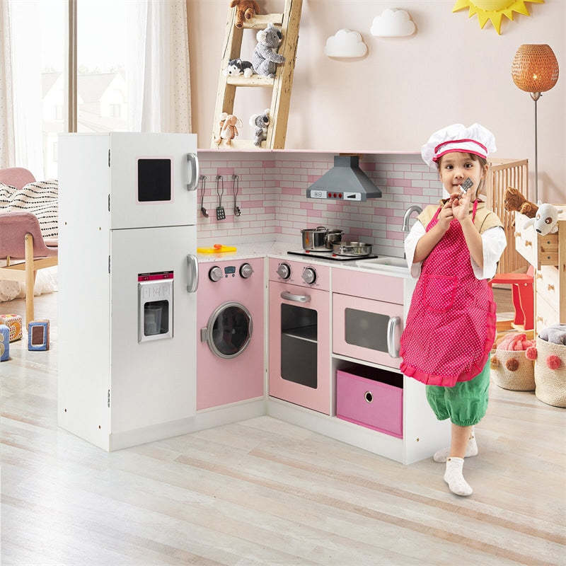 Pink Kids Corner Kitchen Playset, Wooden Pretend Play Kitchen Toy Set with Lights, Washer, Range Hood, Microwave, Oven, Utensils, Apron & Chef Hat