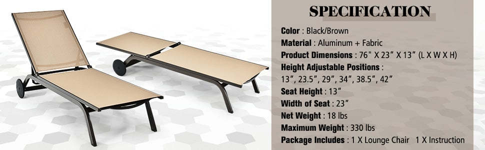 6-Position Adjustable Patio Chaise Lounge Chair Outdoor Beach Recliner with Wheels