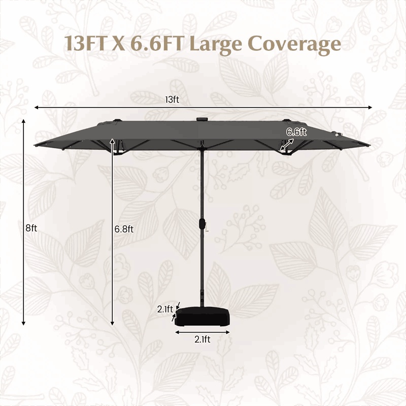 13FT Double-sided Patio Umbrella with Base, 36 Solar LED Lights & Crank Handle, Large Twin Table Umbrella for Poolside, Outdoor Dining