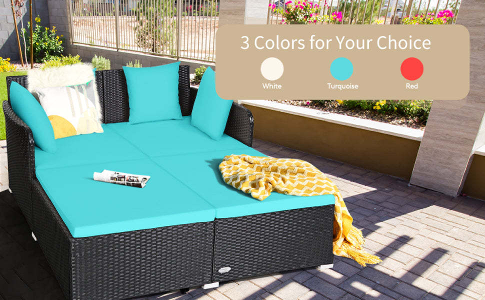 Outdoor Rattan Daybed Wicker Patio Cushioned Sofa Furniture with Pillows & Seat