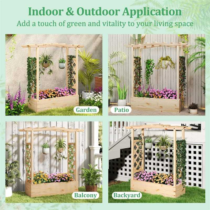 44" Wood Raised Garden Bed with Trellis, Hanging Roof & Drainage System, Freestanding Elevated Garden Planter for Flowers, Herbs, Climbing Vines