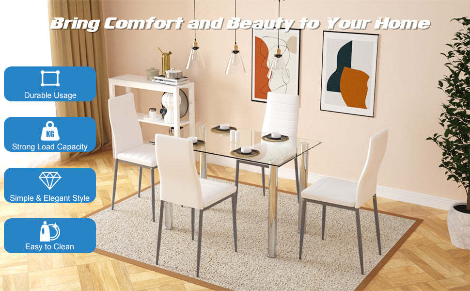 5 Piece Modern Dining Room Set with Tempered Glass Dining Table & 4 PVC Leather Chairs