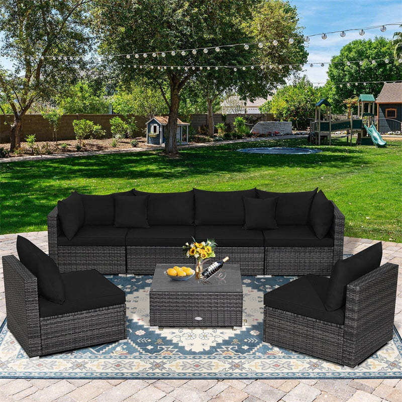 7 Piece Outdoor Patio Rattan Sectional Sofa Set with Cushions & Coffee Table