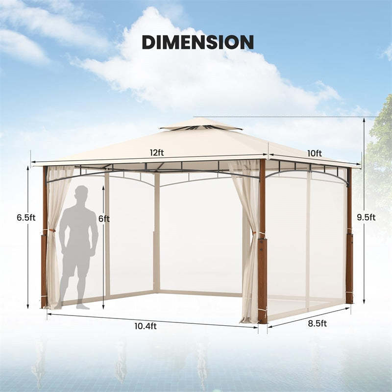 12' x 10' Outdoor Patio Gazebo with Netting, 2-Tier Canopy Roof Gazebo Tent Metal Frame Sunshade Shelter for Patio Yard Garden Lawn Deck