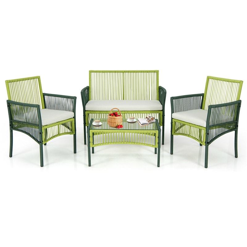 4 Piece Patio Wicker Conversation Set Metal Frame Outdoor Wicker Chair Set with Cushions & Tempered Glass Side Table for Backyard Balcony