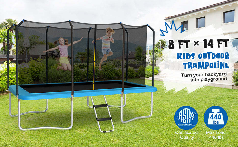 8 x 14FT Outdoor Rectangular Recreational Trampoline with Enclosure Net Non-Slip Ladder for Kids Adults