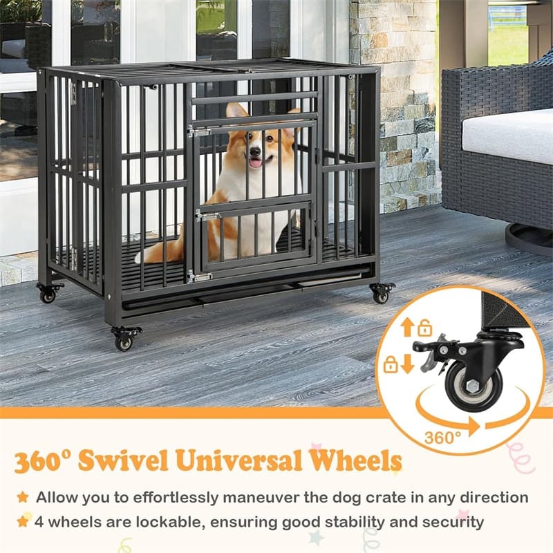 Folding Metal Dog Crate 37" Collapsible Heavy Duty Dog Crate with 3 Lockable Doors & Wheels, Indoor Outdoor Pet Kennel for Small Medium Dogs