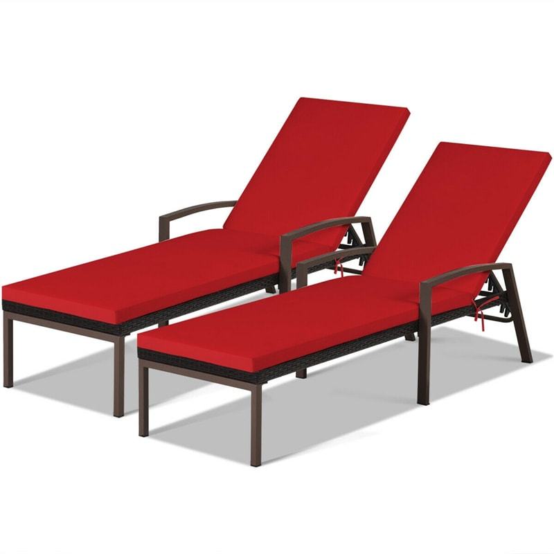 2PCS Wicker Outdoor Chaise Lounge Chairs with Cushions & 5 Adjustable Backrest, PE Rattan Patio Sun Loungers for Poolside, Backyard, Deck