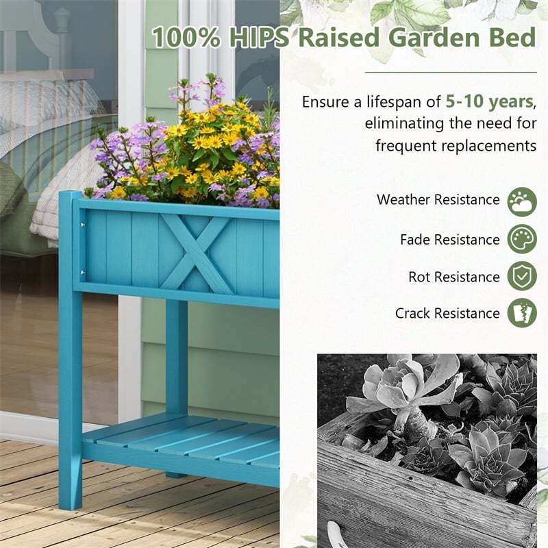 44" HIPS Raised Garden Bed with Legs, Storage Shelf & Drainage Holes, Weatherproof Elevated Planter Box for Backyard, Balcony, Flowers, Herbs