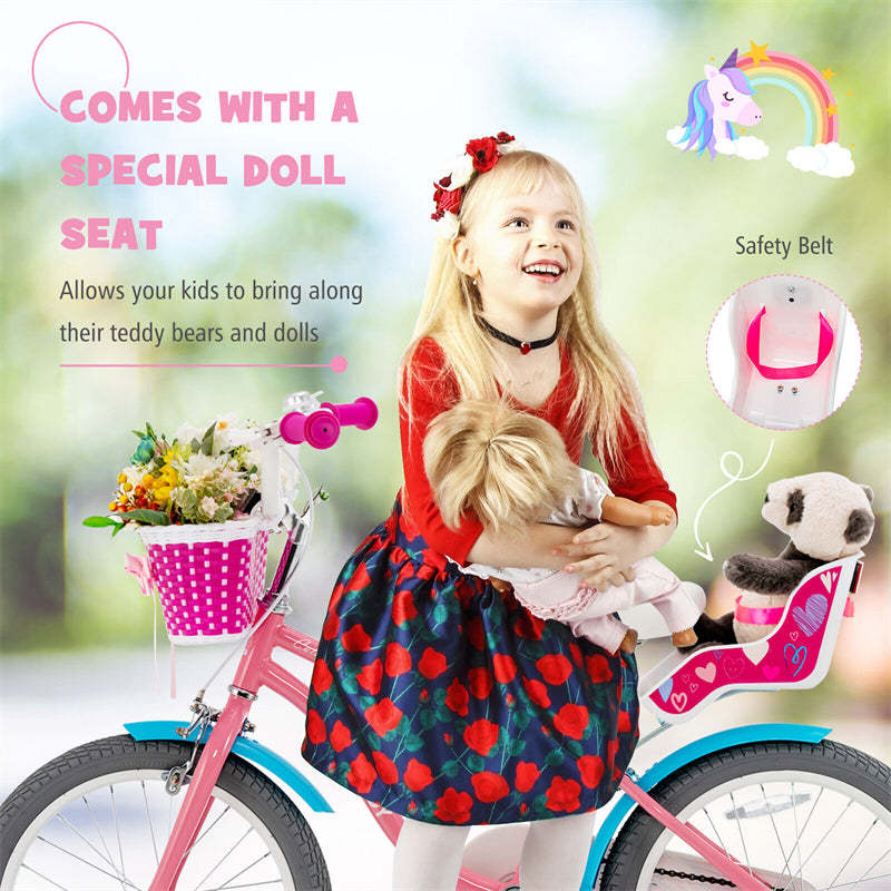 18 Inches Kids Bike, Steel Frame Girls Pink Bicycle with Removable Training Wheels & Adjustable Seat