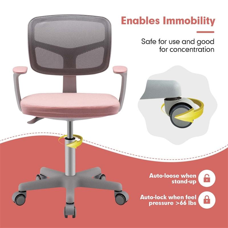 Kids Desk Chair, Adjustable Children Study Computer Chair with Wheels, Arms & Lumbar Support, Swivel Mesh Office Chair for Boys Girls Aged 4-13