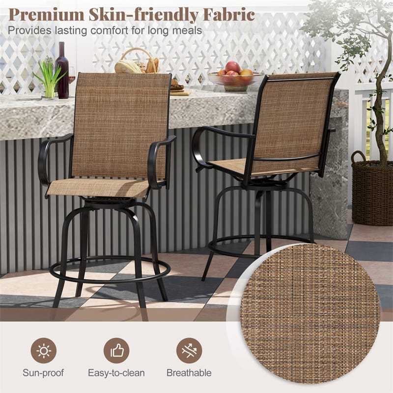 Outdoor Swivel Bar Stools Set of 2, All-Weather Steel Frame Bar Height Patio Chairs with Curved Armrests, High Back & Cozy Footrest