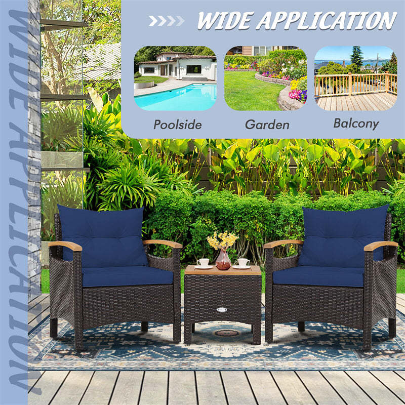 3PCS Patio Rattan Conversation Set Wicker Furniture Set with Cushioned Chairs, Acacia Wood Armrest & Table Top