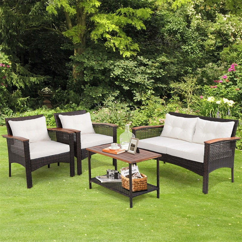 4-Piece Wicker Patio Furniture Set Acacia Wood Outdoor PE Rattan Sectional Sofa Set with Cushions & Coffee Table for Garden Backyard