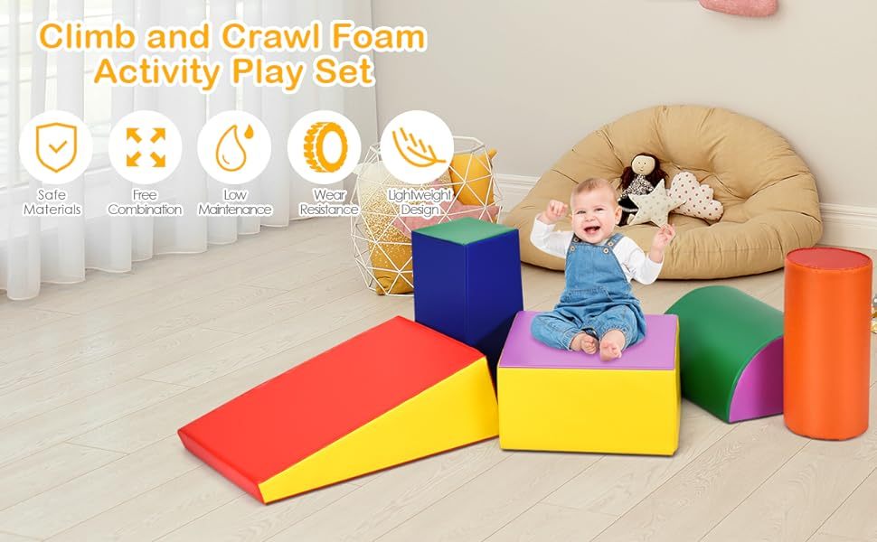 Crawl and Climb Soft Foam Playset 5 Piece Lightweight Colorful Foam Climbing Blocks Fun Activity Playset for Toddlers Climbing Crawling Sliding