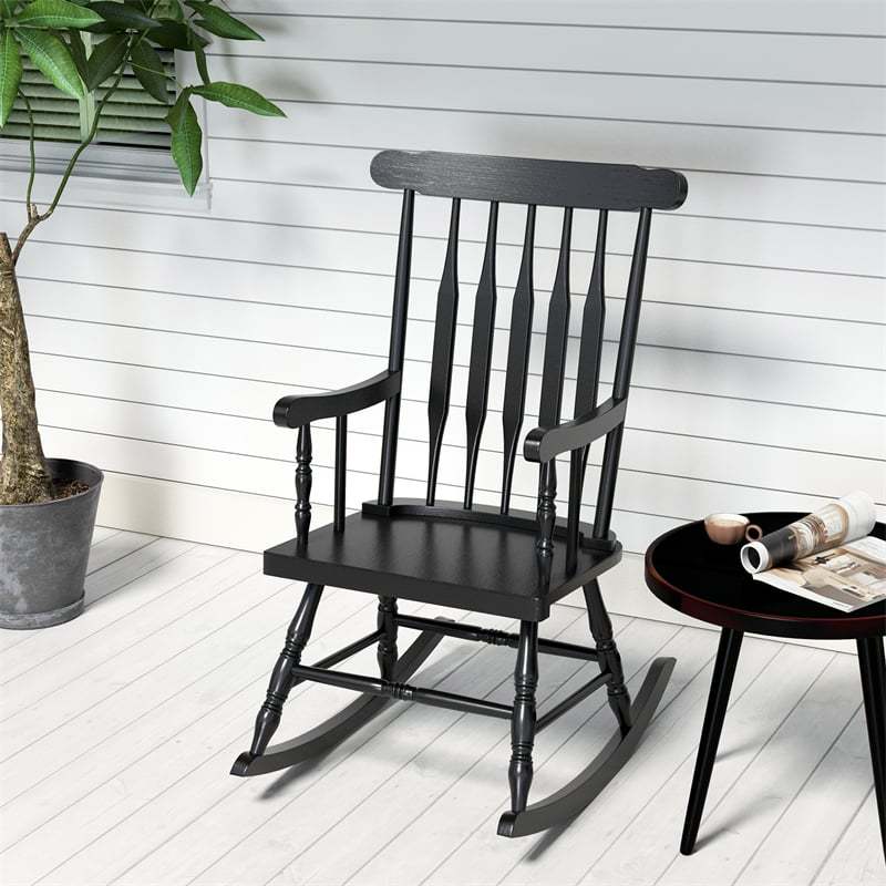 Solid Rubber Wood Patio Rocking Chair, Outdoor Porch Rocker with Slat Back & Glossy Finish for Garden, Backyard, Indoor Use