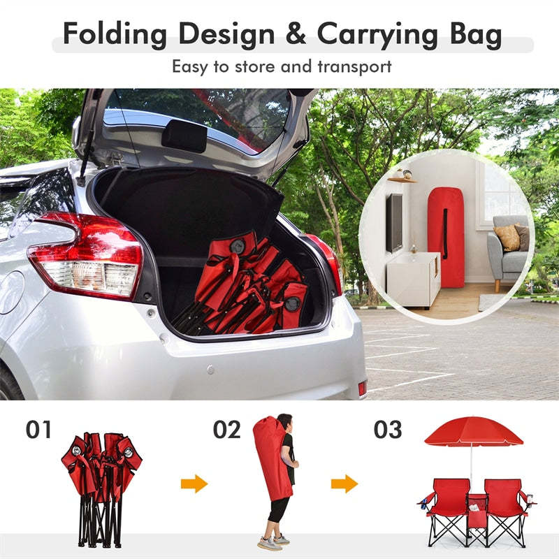 Portable Double Folding Picnic Chair with Umbrella & Mini Table