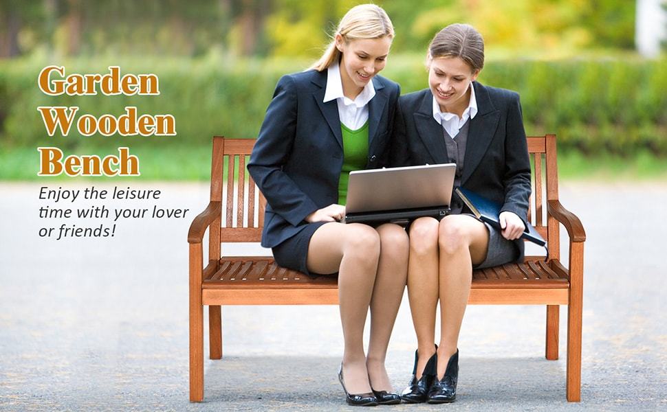 2-Person Outdoor Wood Bench with Curved Backrest & Wide Armrest