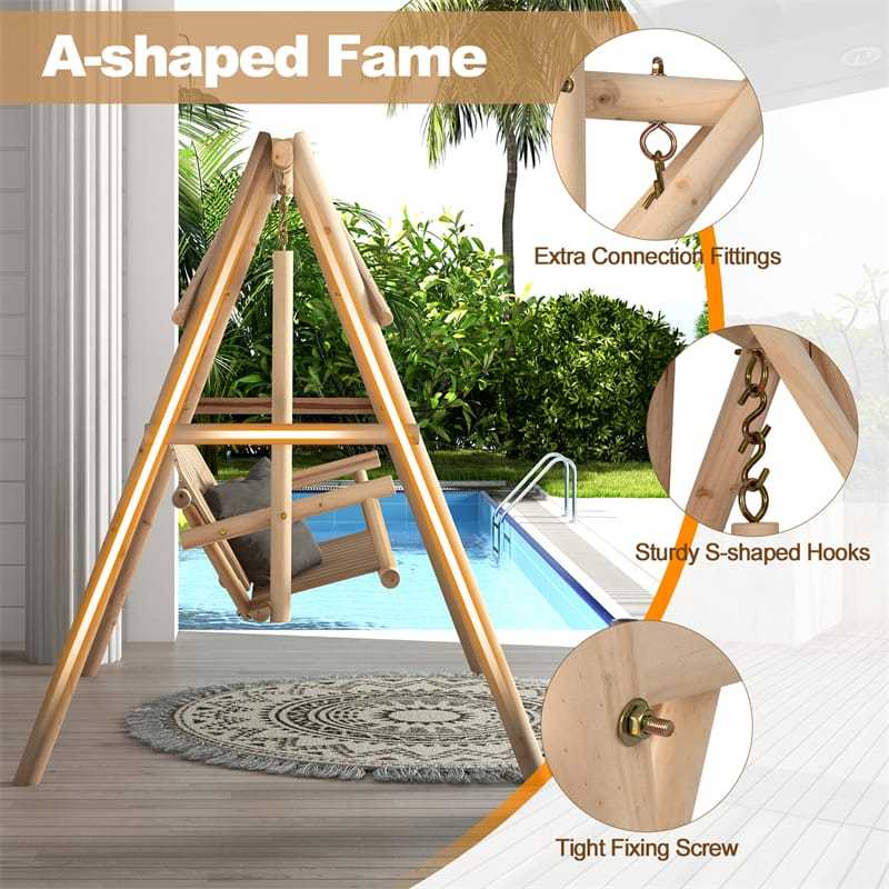 770lbs A-Frame Wooden Patio Swing with Stand, Reinforced Bars & Curved Back, Rustic Torched Log Porch Swing for Garden, Backyard