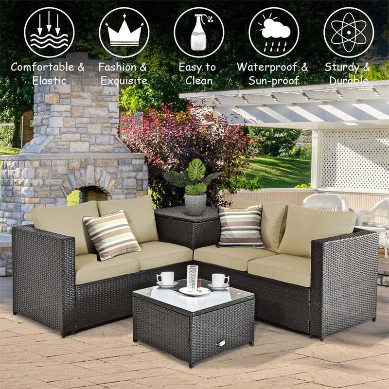 4-Piece Rattan Patio Furniture Set Outdoor Wicker Conversation Set with Storage Box, Coffee Table & Waterproof Cover