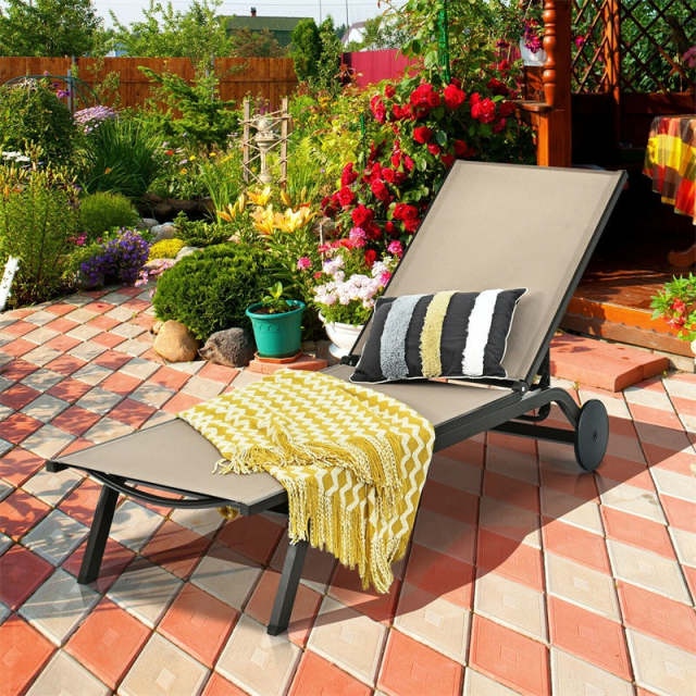 Outdoor Aluminum Chaise Lounge with 2 Large Wheels & 6-Position Adjustable Backrest, Patio Reclining Lounge Chair for Poolside, Backyard