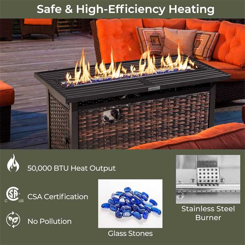 45" Rattan Propane Fire Pit Table 50,000 BTU Outdoor Rectangle Fire Pit with Glass Stones, Protective Cover, Heavy-Duty Metal Frame & Tabletop