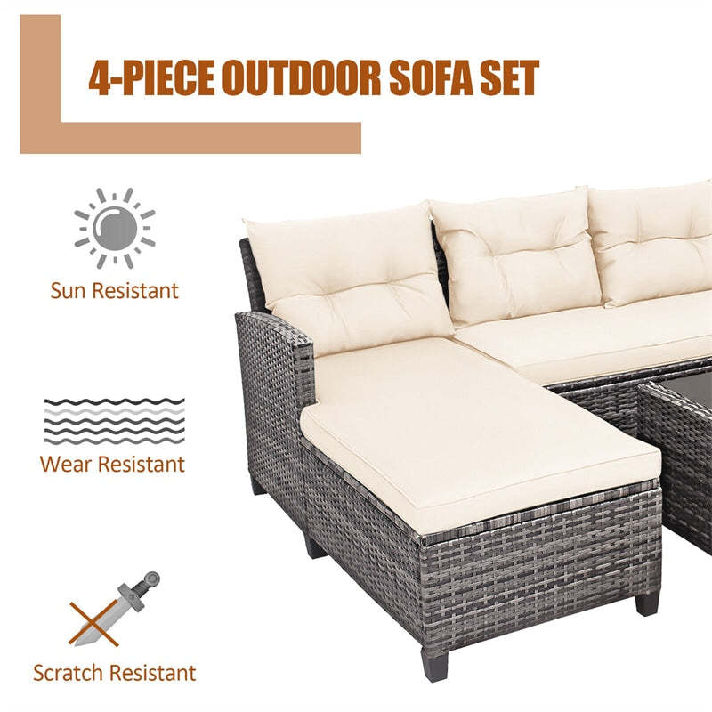 4-Piece Patio Rattan Conversation Set, Wicker Outdoor Sectional Sofa with 2-Tier Coffee Table & Cushions for Poolside, Backyard & Garden