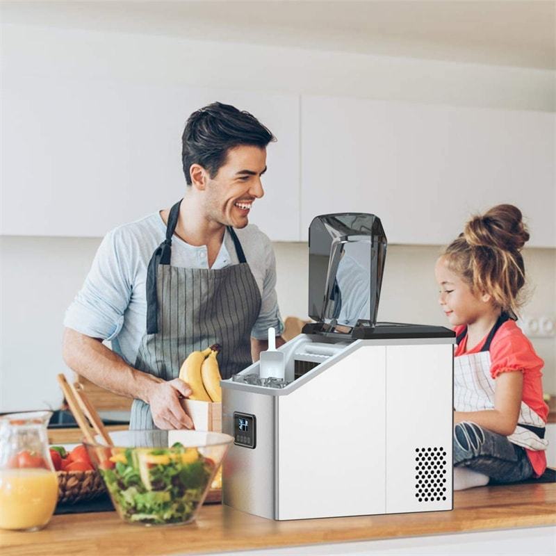 48LBS/24H Countertop Ice Maker, Portable Stainless Steel Ice Machine with Self-Cleaning, Timer Function, LCD Display, Ice Scoop Basket for Home Office