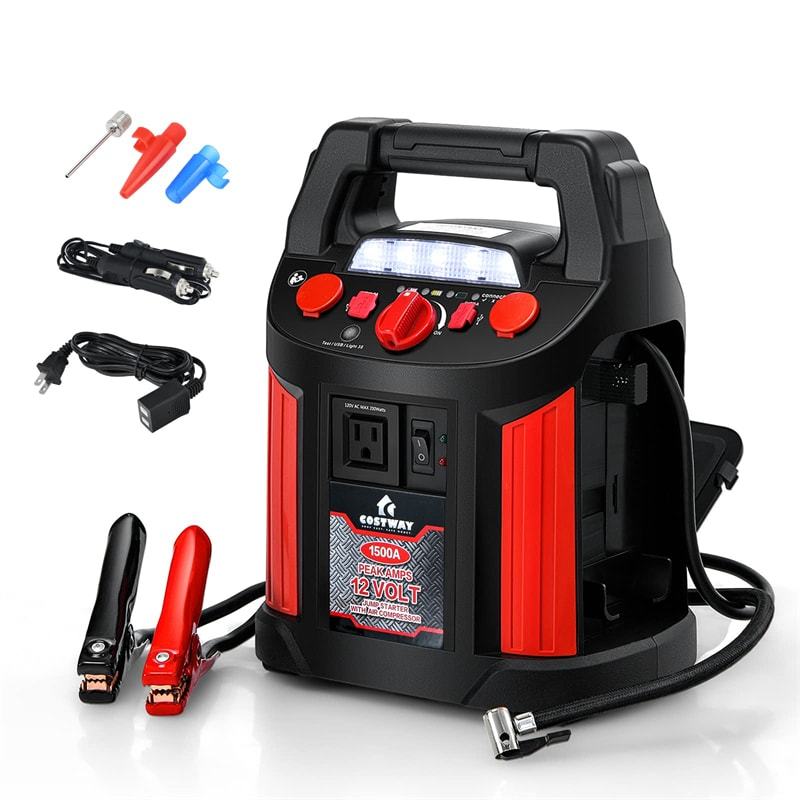 1500A Peak Jump Starter, 180 PSI Air Compressor, Portable Power Bank with 2 USB Ports, Smart Clamps & LED Flashlight for Car Battery & Emergency Use