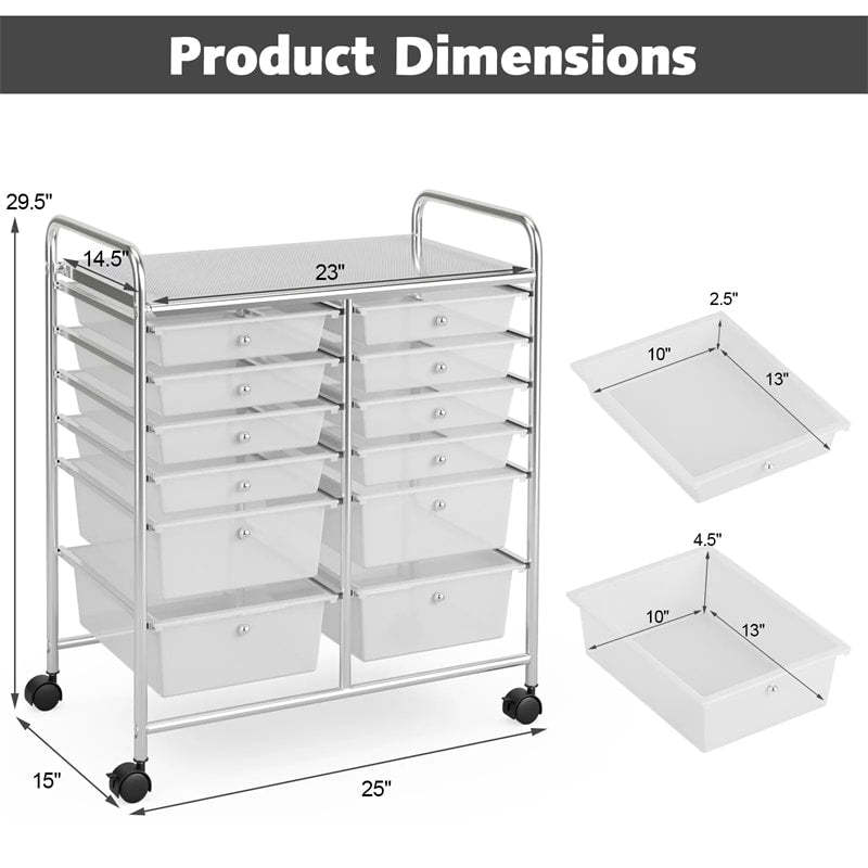 12-Drawer Rolling Storage Cart, Multipurpose Organizer Cart with Lockable Casters, Mobile Utility Cart for School Office Beauty Salon