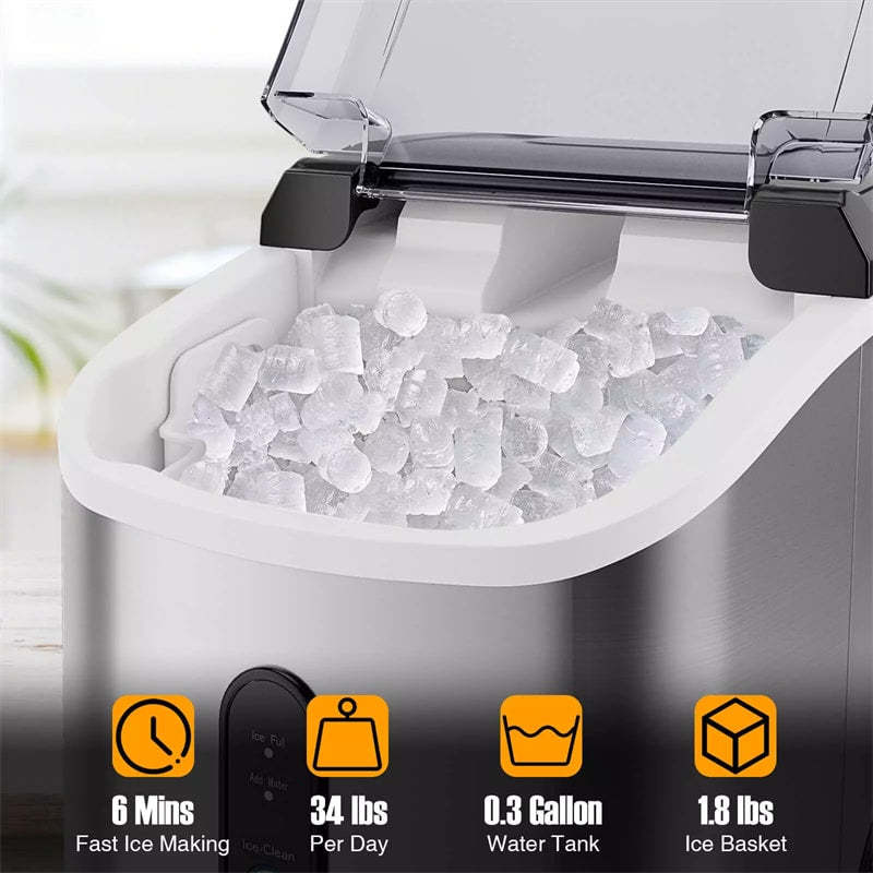 Countertop Nugget Ice Maker, 34lbs/24H Portable Ice Machine with Soft Chewable Pellet Ice, Ready in 6 Mins, Self-Cleaning, Ice Basket & Scoop