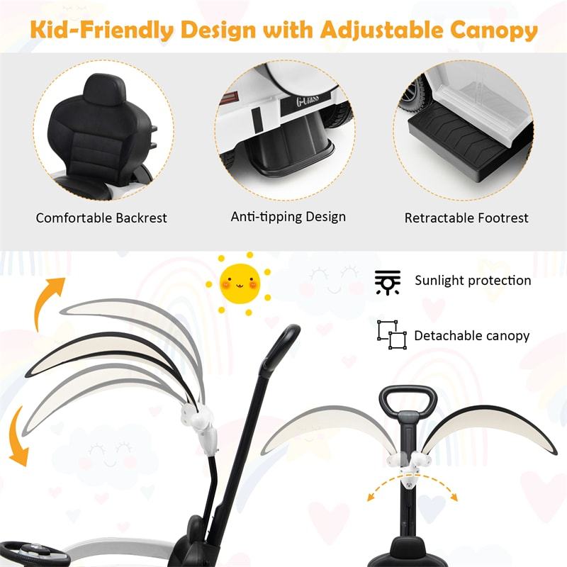 3-in-1 Push Car for Toddlers, Mercedes Benz G350 Stroller Sliding Car w/Canopy, Handle, Guardrail & Storage, Foot-to-Floor Ride-On Toy for Kids
