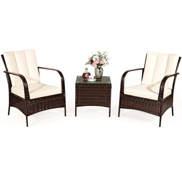 3PCS Patio Rattan Furniture Set with 2 Chairs, Cushions & Tempered Glass Top Coffee Table, Outdoor Wicker Conversation Set for Garden Deck
