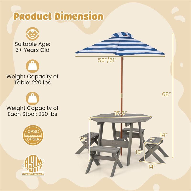 Kids Picnic Table & Bench Set, Fir Wood Octagon Table with Chairs & Removable Umbrella, Toddler Activity Furniture for Patio Garden Backyard