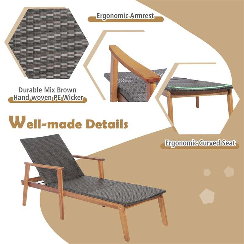 Patio Rattan Chaise Lounge Chair, Acacia Wood Frame Outdoor Recliner with 4-Position Adjustable Backrest for Poolside Backyard Garden, 800LBS Capacity