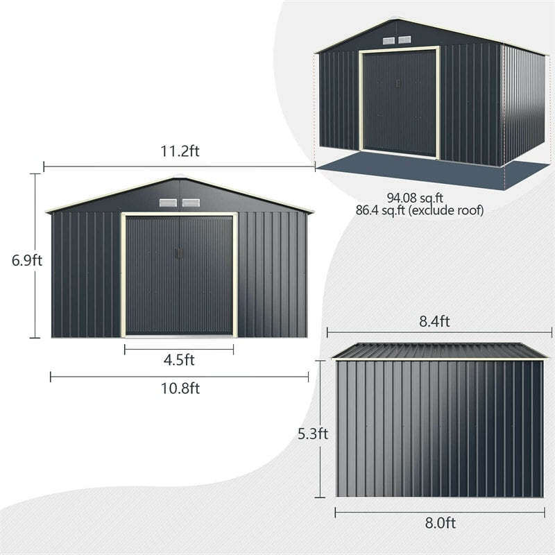 11 x 8FT Galvanized Steel Storage Shed with Lockable Double Sliding Doors & 4 Vents, Large Outdoor Garden Tool Shed for Backyard, Patio, Lawn