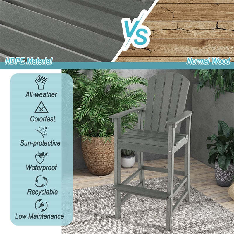 Outdoor HDPE Bar Stool, All-Weather 30" Tall Adirondack Chair with Armrests & Footrest, Bar Height Patio Chairs for Garden Deck Balcony