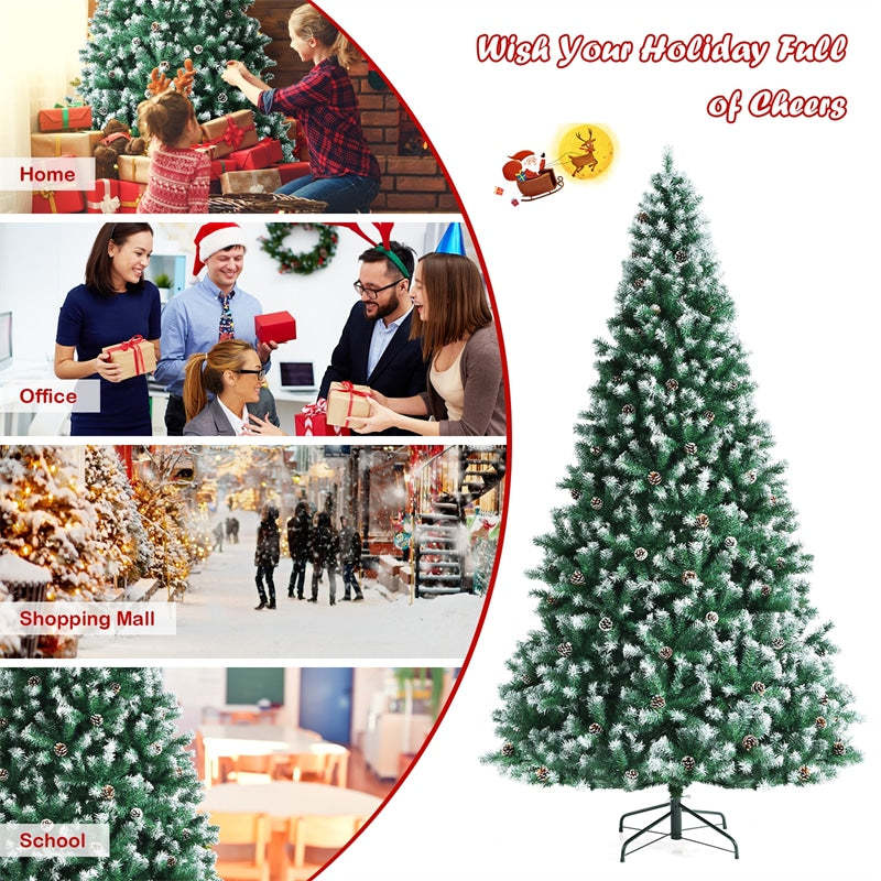 7.5ft Unlit Artificial Snow Flocked Christmas Tree with Pine Cones and Metal Stand