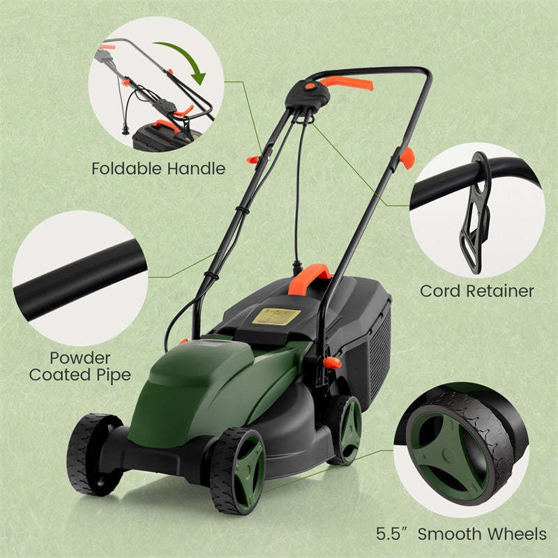 14" Corded Electric Lawn Mower 12-AMP 2-in-1 Walk-Behind Push Lawnmower with Collection Box & 3 Adjustable Height Position