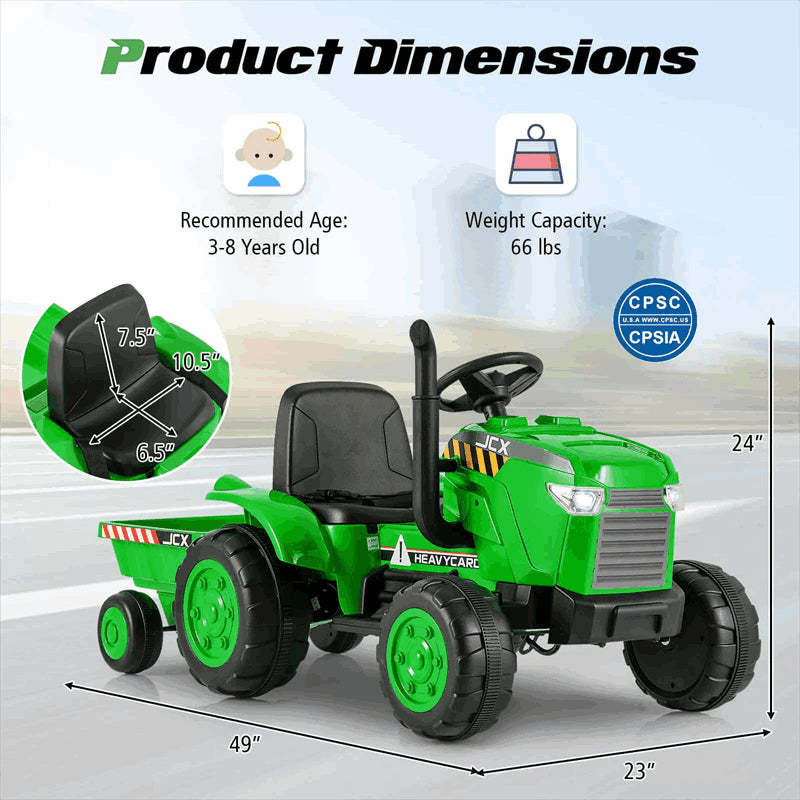 2-in-1 Kids Ride On Tractor with Detachable Trailer, 12V Electric Toy Car with Remote Control & LED Lights, Toddler Tractor for 3-8 Years
