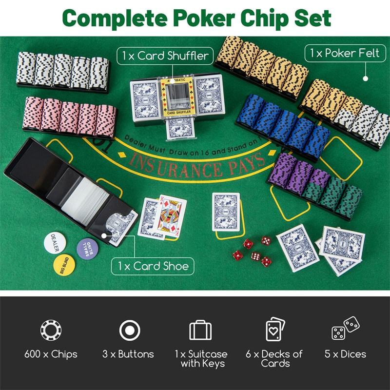 600-Piece Poker Chips Set, 14 Gram Clay Poker Chips with Carrying Case, Automatic Card Shuffler & 6 Decks Cards for Texas Holdem, Home Casino Games