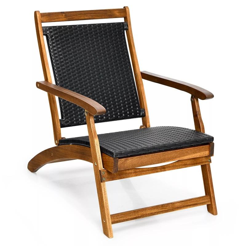 Set of 2 Acacia Wood Patio Folding Rattan Chaise Lounges with Retractable Footrest, Outdoor Deck Lounge Chairs for Backyard, Garden, Poolside