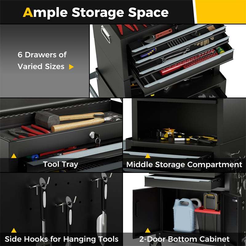 6 Drawer Rolling Tool Chest 3-in-1 Extra Large Tool Storage Cabinet Heavy-Duty Tool Box with 4” Universal Lockable Wheels & Middle Box