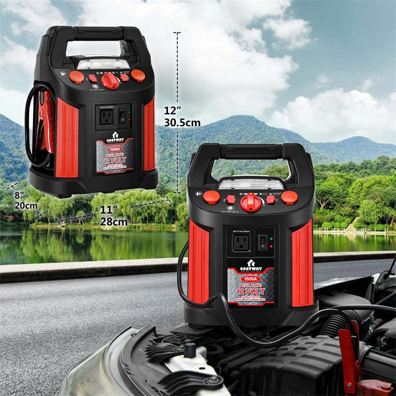 1500A Peak Jump Starter, 180 PSI Air Compressor, Portable Power Bank with 2 USB Ports, Smart Clamps & LED Flashlight for Car Battery & Emergency Use