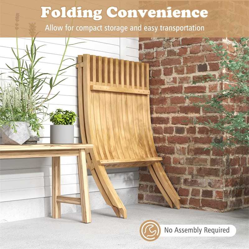 Folding Patio Chair, Teak Wood Low Profile Lounge Chair with Slatted Seat & Backrest, Fire Pit Chair for Porch, Balcony, Garden, Yard