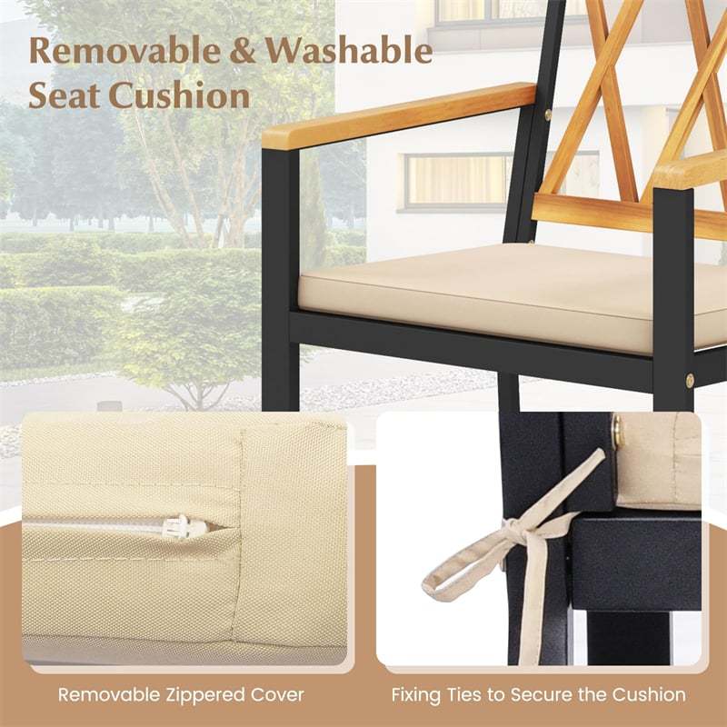 Metal Patio Dining Chairs with Removable Padded Cushions, Acacia Wood Backrests & Armrests, 400LBS Capacity Outdoor Bistro Chairs Crossed Back