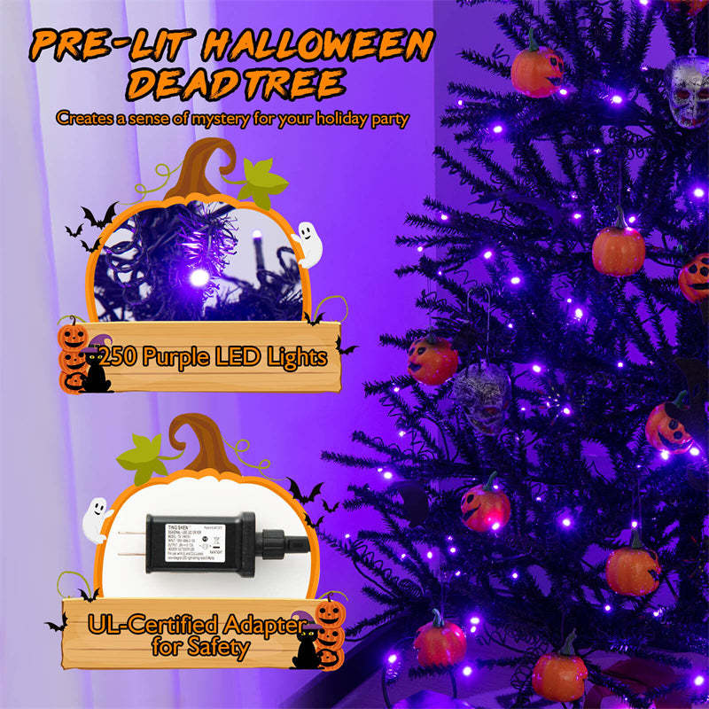 6ft Pre-lit Black Hinged Halloween Tree Christmas Tree with 250 Purple LED Lights & 25 Ornaments